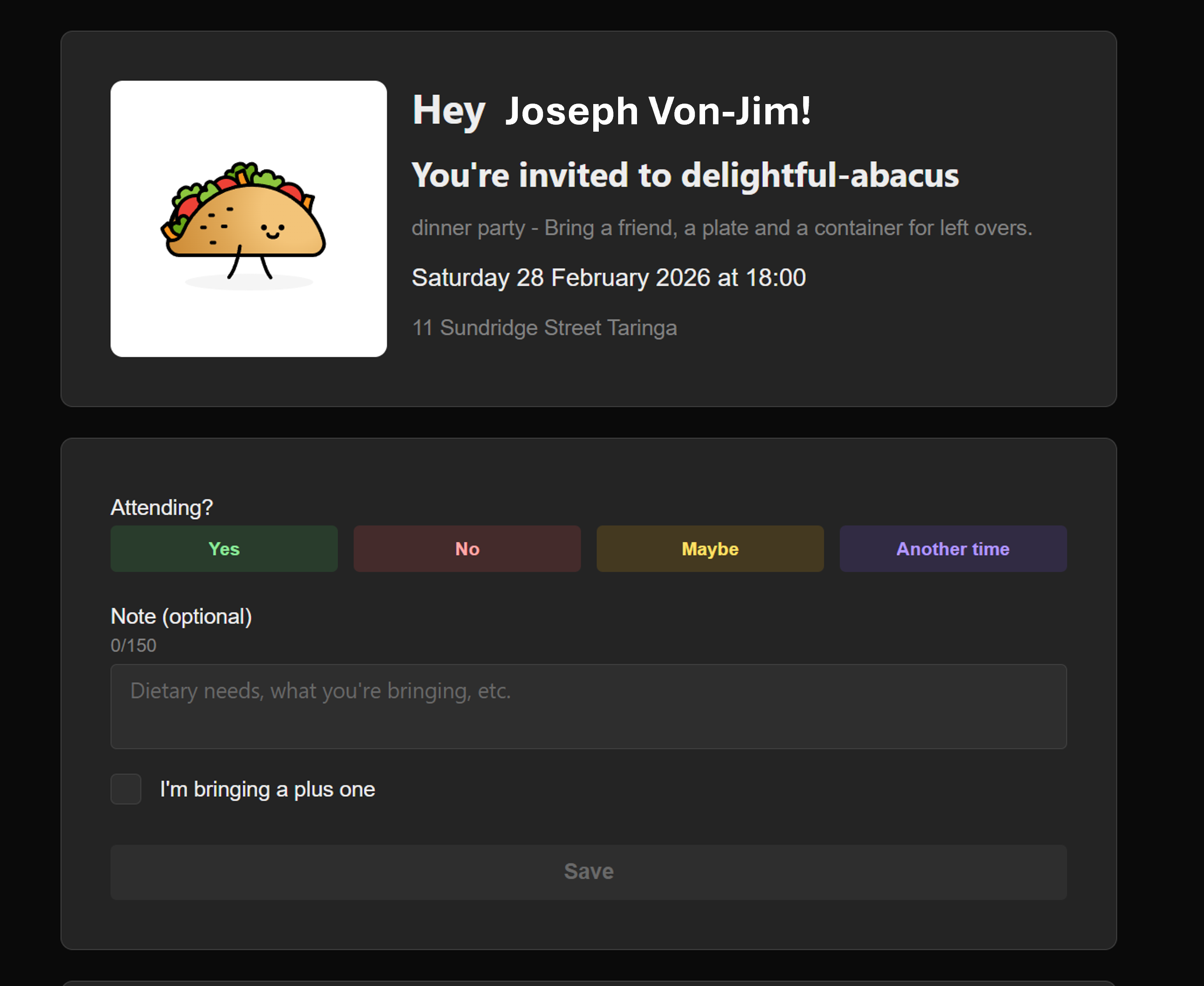 Personalised invite page with unique URL